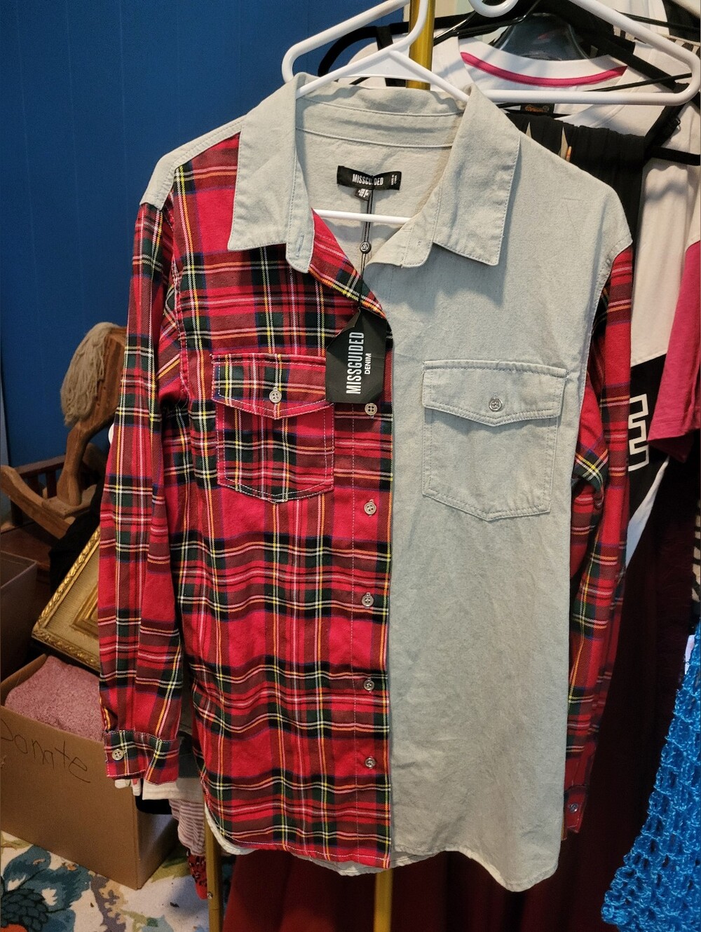 Missguided Red Plaid and Light Denim Mixed-Fabric Button Shirt